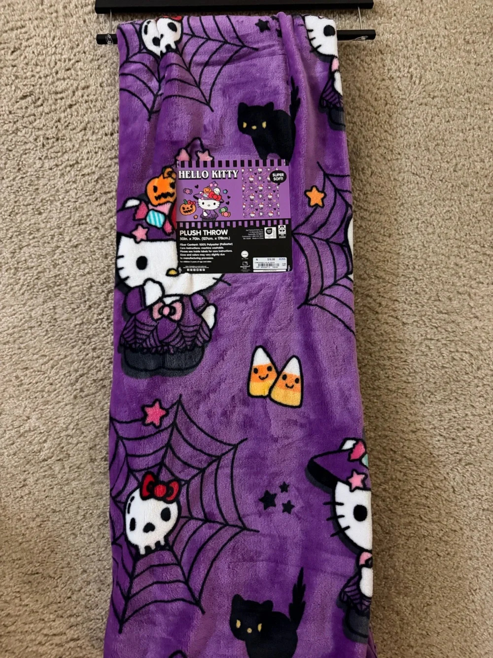 Hello Kitty Purple Halloween Plush Throw with Candy Corn & Spiders